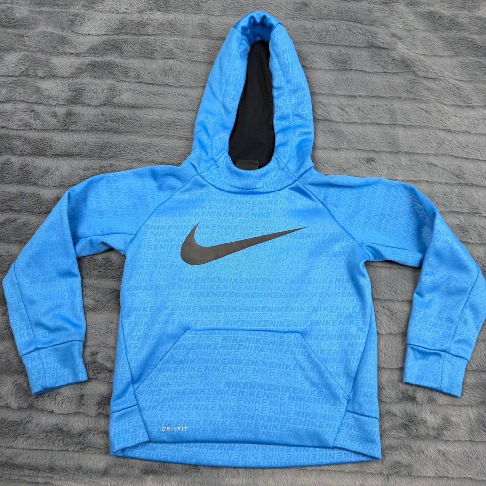 Nike Kids Dri-FIT Blue All Over Print Swoosh Hoodie Size 5 4-5 Yrs C988-B68